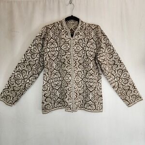 Peruvian  Alpaca Tweed Floral Brown Beige Zip Up Cardigan Sweater Womens Size L